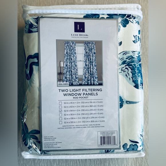 Lush Decor Blue Floral Bird Toile Print Light Filtering Curtains 52”W x 84”L NWT - Picture 2 of 13